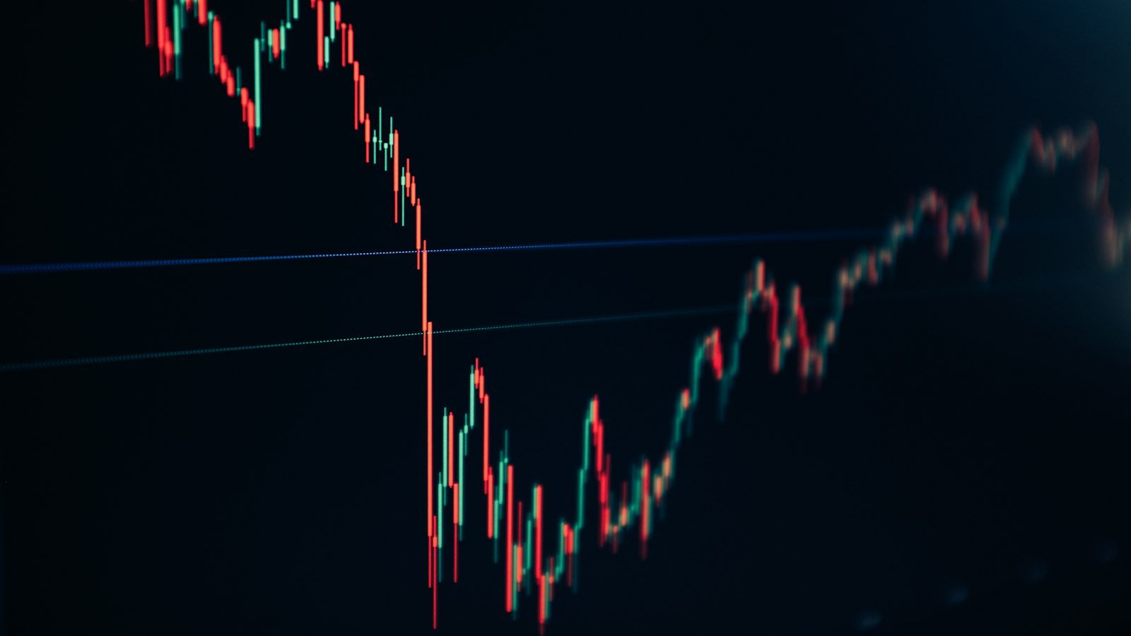 Candlestick stock chart on a dark screen